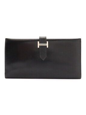 Hermes Bearn Classic Wallet Bifold Box Calf Leather Black Silver